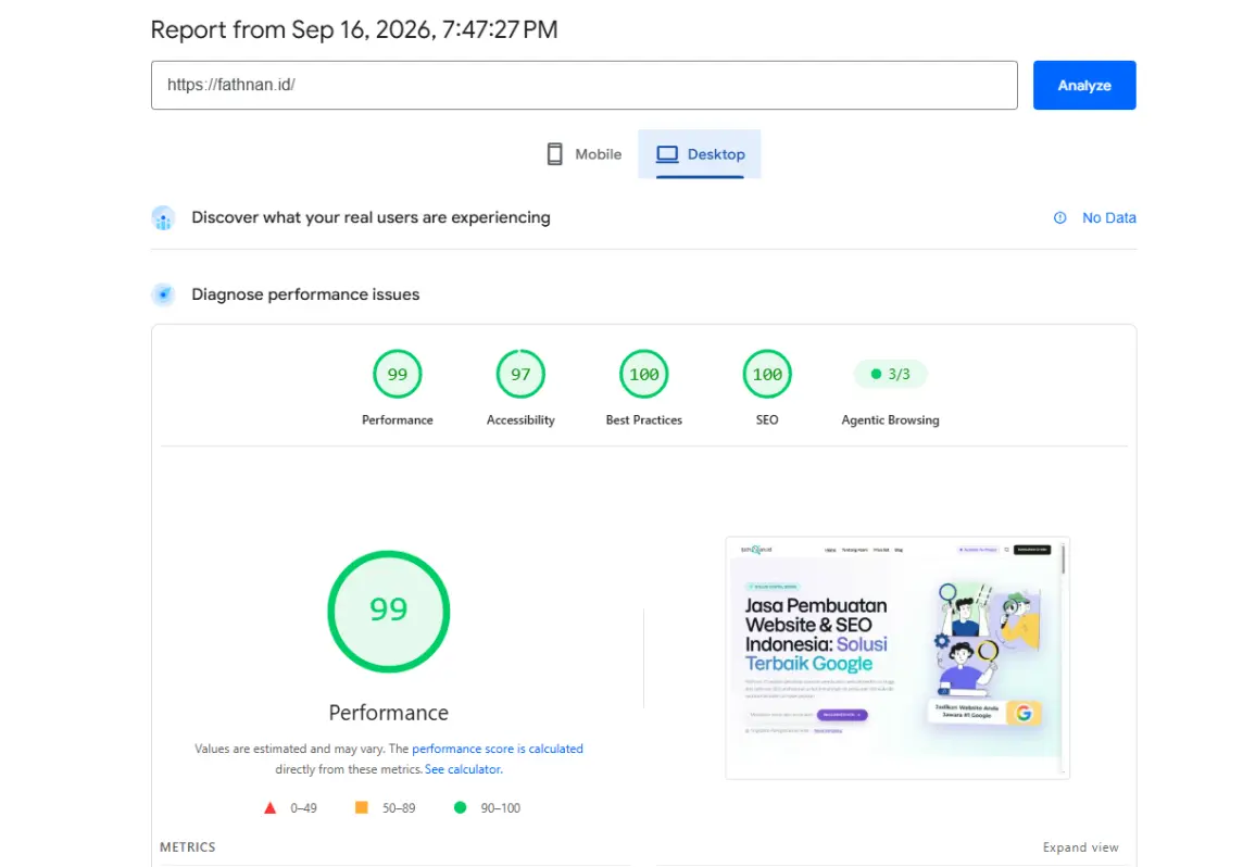 Hasil uji Google PageSpeed Insights versi Desktop Fathnan Id skor 99