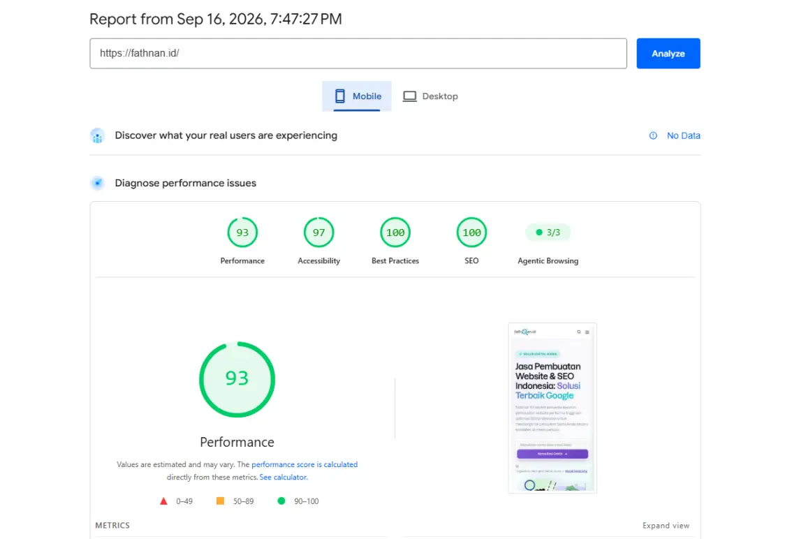 Hasil uji Google PageSpeed Insights versi Mobile Fathnan Id skor 93