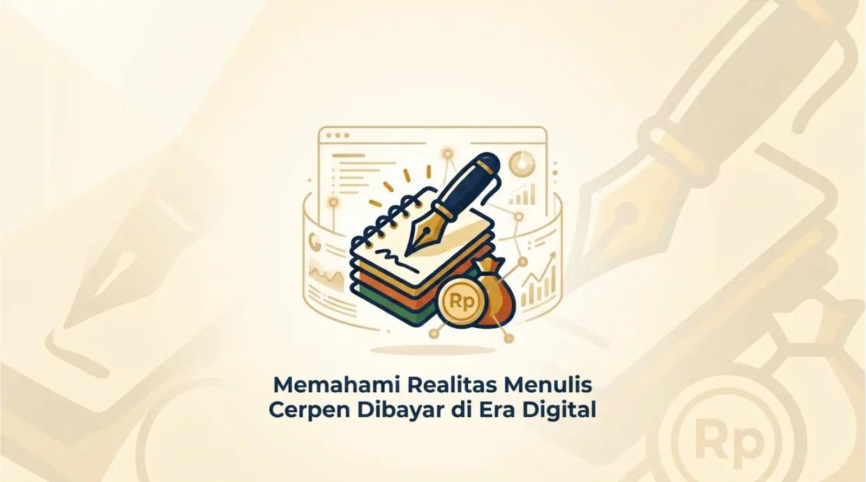 Ilustrasi vektor konsep menulis cerpen dibayar di era digital, menampilkan pena, buku catatan, koin Rupiah, dan grafik data.